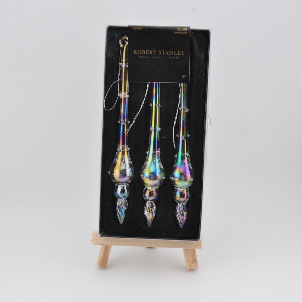 Robert Stanley Icicle Ornaments 3pc Iridescent Glass New Holiday Decor 2021